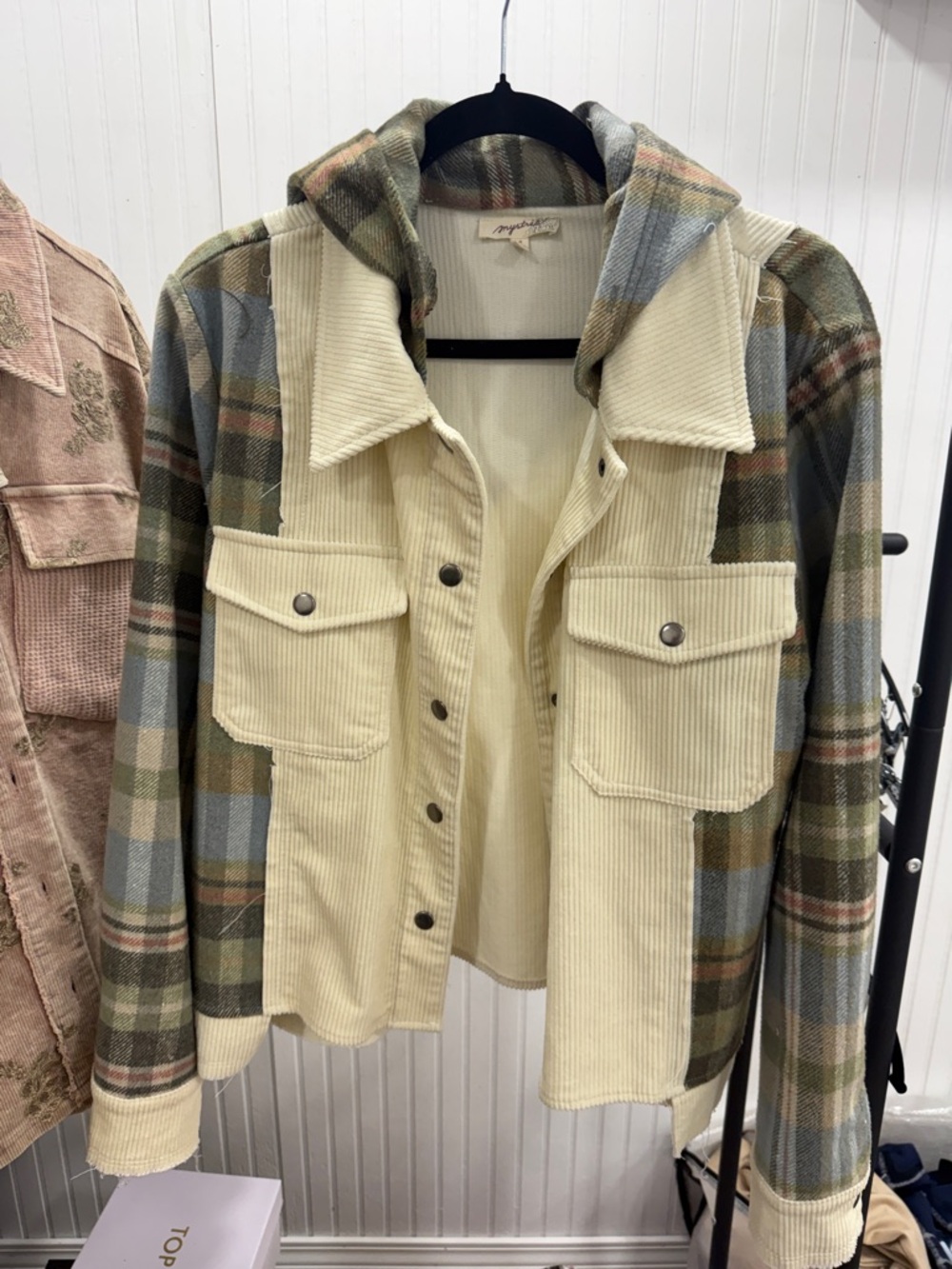 NWOT Mystree Cream Corduroy & Olive Plaid Jean Jacket